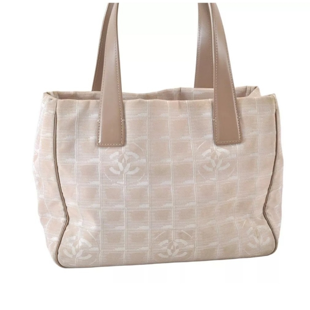 Authentic CHANEL New Travel Line Shoulder Tote Bag Nylon Leather Beige